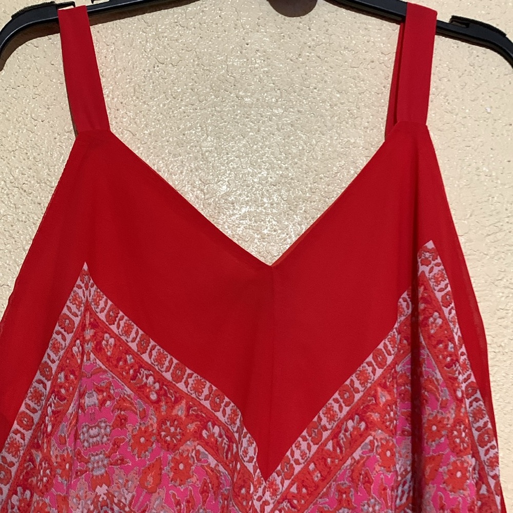 My Michelle Summer Dress XL Red Cream Floral Sleeveless Handkerchief Hem Lining - Picture 12 of 16